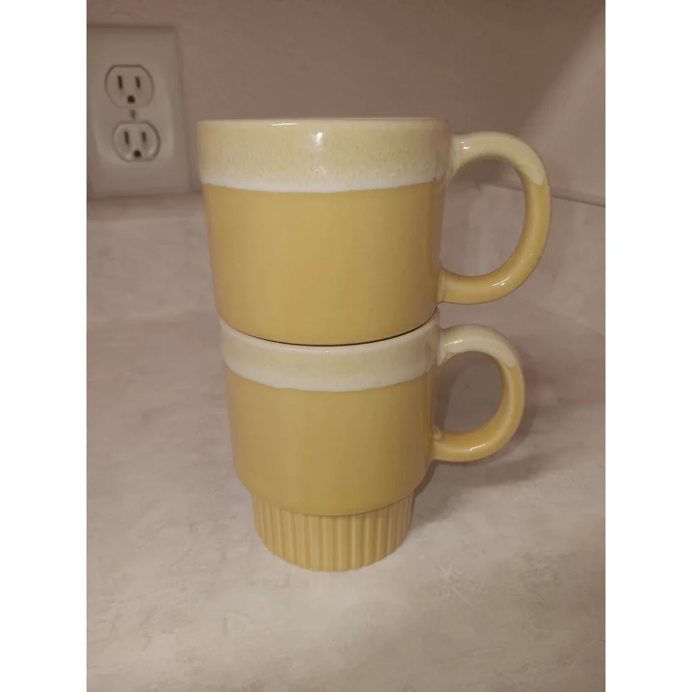 Vtg Tan Drip Glaze Coffee Cups Japan Stackable Ceramic Retro Style Kitchen Decor - Picture 2 of 8